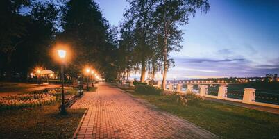 ein Nacht Park zündete durch Laternen mit ein Stein Gehweg, Bäume, gefallen Blätter und Bänke im früh Herbst. Jahrgang Film ästhetisch. foto