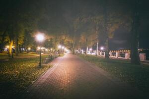 Nacht Park im Herbst mit gefallen Gelb verlässt.Stadt Nacht Park im golden Herbst mit Laternen, gefallen Gelb Blätter und Ahorn Bäume. Jahrgang Film ästhetisch. foto