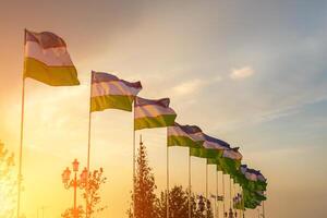 Flaggen von Usbekistan winken auf ein Sonnenuntergang oder Sonnenaufgang dramatisch Himmel Hintergrund. foto