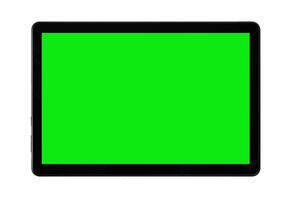 schwarz Tablette isoliert auf ein Weiß Hintergrund. Grün Bildschirm mit leer mit Kopieren Raum. Chroma Schlüssel spotten hoch. foto