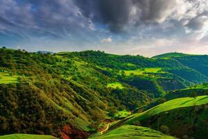 Hügel und Berge bedeckt mit jung Grün Gras und beleuchtet durch das Sonne auf ein sonnig Tag. foto