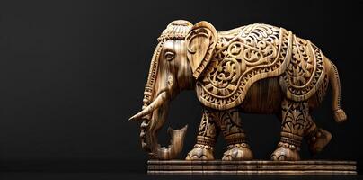 detailliert hölzern Elefant Skulptur mit lebensecht Einzelheiten und sorgfältig Carving ai Bild foto