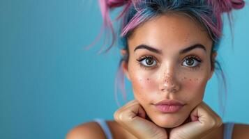 ein Frau mit Rosa Haar und auffällig Blau Augen foto