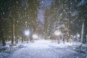 Schneefall im ein Winter Park beim Nacht mit glühend Laternen, Pflaster bedeckt mit Schnee und Bäume. Jahrgang Film ästhetisch. foto