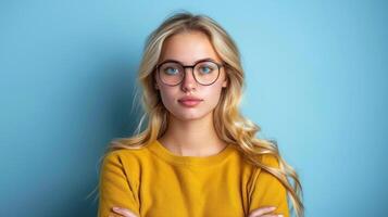 ein Frau tragen Brille ist auffällig ein Pose zum ein fotografieren foto