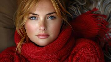 Frau mit auffällig Blau Augen trägt ein beschwingt rot Schal foto