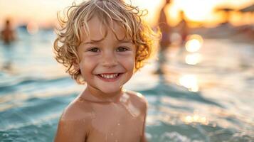 ein wenig Junge steht im flach Wasser foto