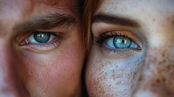 zwei Einzelpersonen mit auffällig Blau Augen im ein Nahansicht Schuss foto