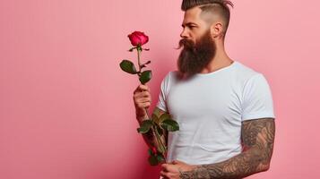 tätowiert bärtig Mann halten ein Single rot Rose. das Konzept schildert ein Mischung von Zähigkeit und Zärtlichkeit. foto