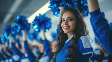 heiter Cheerleader mit Pompons beim ein Sport Veranstaltung foto