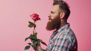 Mann mit Bart und Tätowierungen halten ein rot Rose. foto