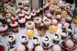 Nachspeisen mit Früchte, Mousse, Kekse. anders Typen von Süss Gebäck, klein bunt Süss Kuchen, Makronen, und andere Nachspeisen im das Süss Büfett. Süßigkeiten Bar zum Geburtstag. foto