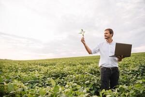 jung Agronom hält Tablette berühren Pad Computer im das Soja Feld und Prüfung Pflanzen Vor Ernte. Landwirtschaft Konzept. landwirtschaftlich Ingenieur Stehen im ein Soja Feld mit ein Tablette im Sommer. foto