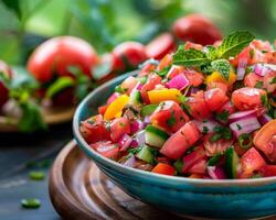 bunt frisch Salsa im Blau Schüssel foto