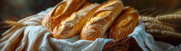 frisch gebacken Handwerker Sauerteig Brot im ein gewebte Korb, bedeckt mit ein Leinen- Stoff foto