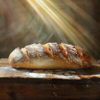 ein frisch gebacken rustikal Brot Laib sitzt auf ein alt Schneiden Tafel im ein Küche durchtränkt im Geschichte und Morgen Licht foto