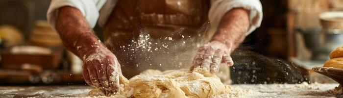 Nahansicht von ein Bäcker Hände Arbeiten mit Mehl und frisch Brot Teig auf ein hölzern Oberfläche foto