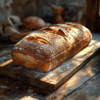 ein frisch gebacken rustikal Brot Laib sitzt auf ein alt Schneiden Tafel im ein Küche durchtränkt im Geschichte und Morgen Licht foto