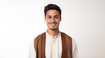 ai generiert Porträt von gut aussehend Arabisch Muslim Mann mit traditionell Outfit foto