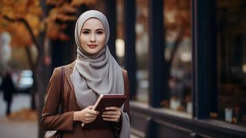 ai generiert schön Muslim Frau im Hijab halten Buch draussen. Geschäft Konzept foto