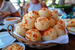 pao de queijo Brasilianer Käse Brot im das Küche Tabelle Fachmann Werbung Essen Fotografie foto