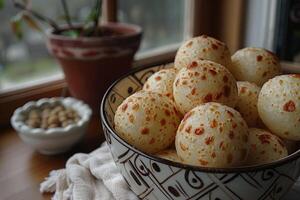 pao de queijo Brasilianer Käse Brot im das Küche Tabelle Fachmann Werbung Essen Fotografie foto