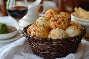 pao de queijo Brasilianer Käse Brot im das Küche Tabelle Fachmann Werbung Essen Fotografie foto