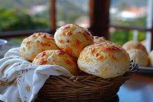 pao de queijo Brasilianer Käse Brot im das Küche Tabelle Fachmann Werbung Essen Fotografie foto