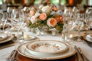 ein Abendessen Teller und Besteck zum ein Hochzeit beim ein Luxus Hotel Werbung Essen Fotografie foto