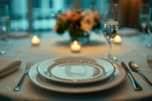 ein Abendessen Teller und Besteck zum ein Hochzeit beim ein Luxus Hotel Werbung Essen Fotografie foto