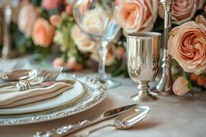 ein Abendessen Teller und Besteck zum ein Hochzeit beim ein Luxus Hotel Werbung Essen Fotografie foto