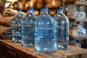 Mineral Wasser Flaschen auf das Tabelle Fachmann Werbung Essen Fotografie foto