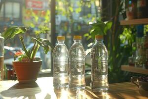 Mineral Wasser Flaschen auf das Tabelle Fachmann Werbung Essen Fotografie foto