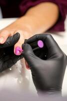 Gemälde Nägel von ein Frau. Hände von Maniküre im schwarz Handschuhe bewirbt sich Rosa Nagel Polieren auf weiblich Nägel im ein Schönheit Salon. foto