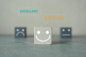 glücklich Smiley Gesicht Symbol von Beste Ausgezeichnet Bedienung Bewertung Erfahrung im Vorderseite von neutral und traurig Gesichter. foto