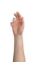Weiß Hintergrund, weiblich Hand Geste. zeigen Palme, leeren Handgelenk unterzeichnen. Geschäft Konzept, isoliert foto