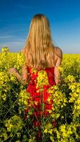 kaukasisch Frau im rot Kleid im szenisch Gelb Raps Feld foto