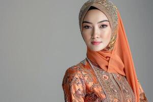 stilvoll Muslim Modell- im traditionell Kebaya und Kopftuch. foto