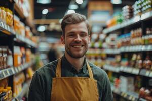 Porträt von lächelnd Supermarkt Mitarbeiter unter Regale foto