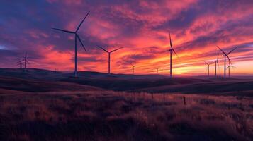 fotografieren von Wind Turbinen einstellen gegen ein fesselnd Sonnenaufgang Hintergrund. Konzept von nachhaltig Energie Generation foto