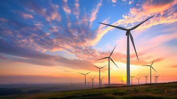 fotografieren von Wind Turbinen einstellen gegen ein fesselnd Sonnenaufgang Hintergrund. Konzept von nachhaltig Energie Generation foto