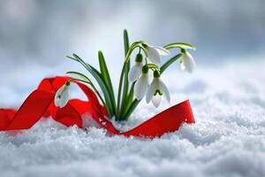 Schneeglöckchen Blumen mit ein rot und Weiß Maristor foto