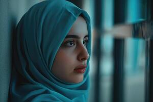 Porträtmalerei von jung Mädchen Modell- tragen Hijab.wunderschön islamisch Hijab Mode Innen- Foto-Shooting. foto