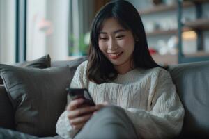 Porträt von glücklich asiatisch Frau mit Handy, Mobiltelefon Telefon während Sitzung auf ein Couch foto