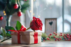 rot Rose Geschenk Box und Kalender zeigen Mütter Tag foto