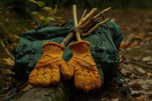 schmutzig Orange Fäustlinge hölzern Stock Rucksack im Wald Picknick. foto