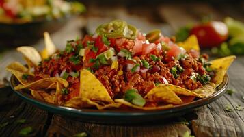 Teller mit Taco Nachos Chips und Tomate tauchen Teller mit Taco Nachos Chips und Tomate tauchen foto