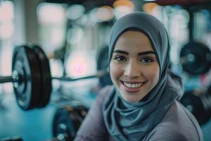 lächelnd jung Muslim Frau tragen ein Hijab vorbereiten zum ein trainieren mit Gewichte beim das Fitnessstudio foto