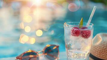 Sommer- Cocktails mit Litschi Limonade Sonnenbrille und Stroh Hut. foto