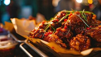 würzig gebraten Hähnchen Flügel gegen ein beschwingt Straße Essen Markt foto